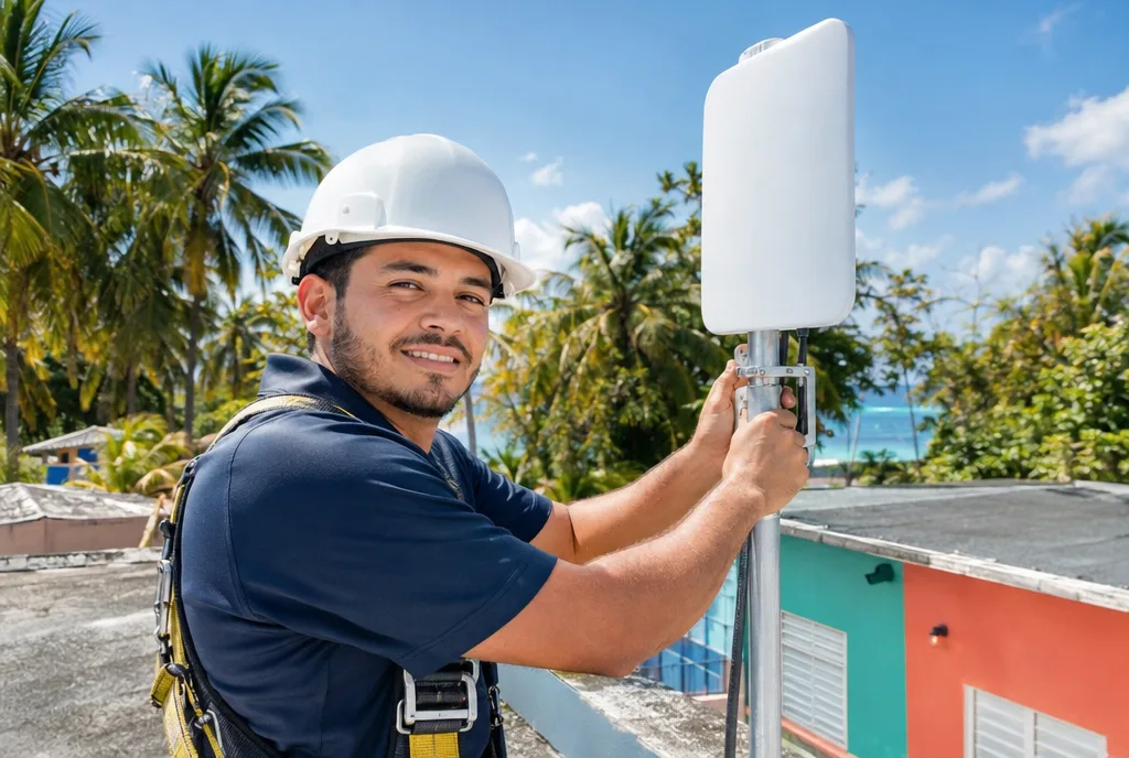 Técnico de Urban Networks instalando una antena en un techo de Puerto Rico